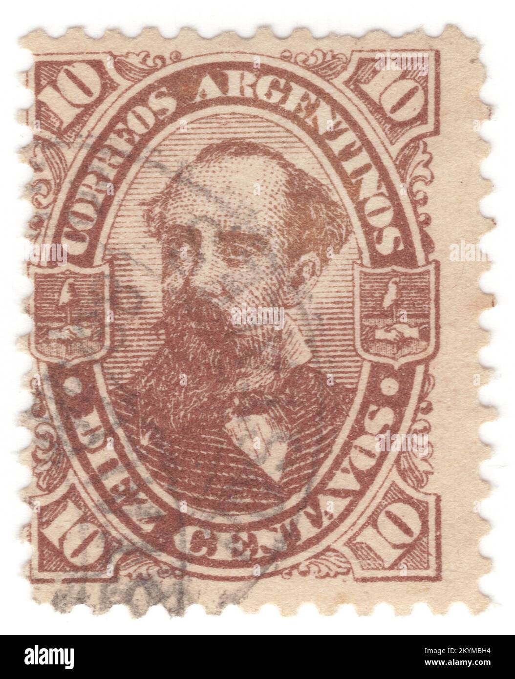 ARGENTINA - 1888: 10 centavos brown postage stamp depicting portrait of Nicolas Remigio Aurelio Avellaneda Silva. He was an Argentine politician and journalist, and President of Argentina from 1874 to 1880. Avellaneda's main projects while in office were banking and education reform, leading to Argentina's economic growth. The most important events of his government were the Conquest of the Desert and the transformation of the Buenos Aires into a federal district. His grandson was Jose Domingo Molina Gomez, who took presidency when Juan Peron was captured Stock Photo