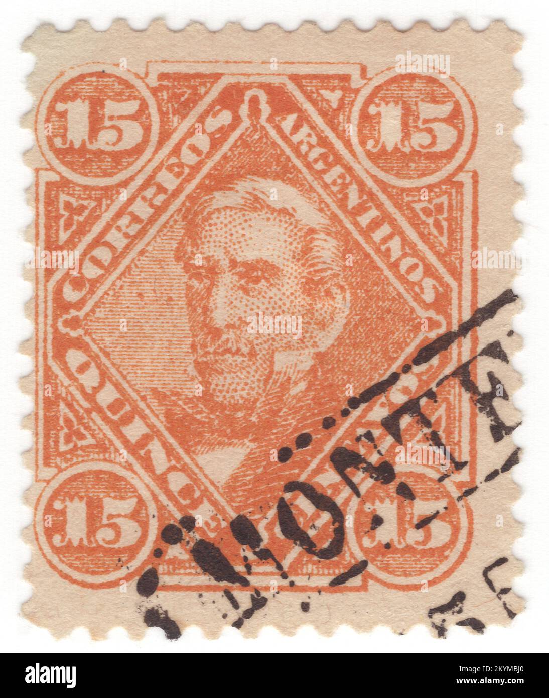 ARGENTINA - 1888: 15 centavos orange postage stamp depicting portrait of José de San Martín (Jose Francisco de San Martín y Matorras), known as the Liberator of Argentina, Chile and Peru. Argentine general and the primary leader of the southern and central parts of South America's successful struggle for independence from the Spanish Empire who served as the Protector of Peru. Born in Yapeyú, Corrientes, in modern-day Argentina, he left the Viceroyalty of the Río de la Plata at the early age of seven to study in Málaga, Spain Stock Photo