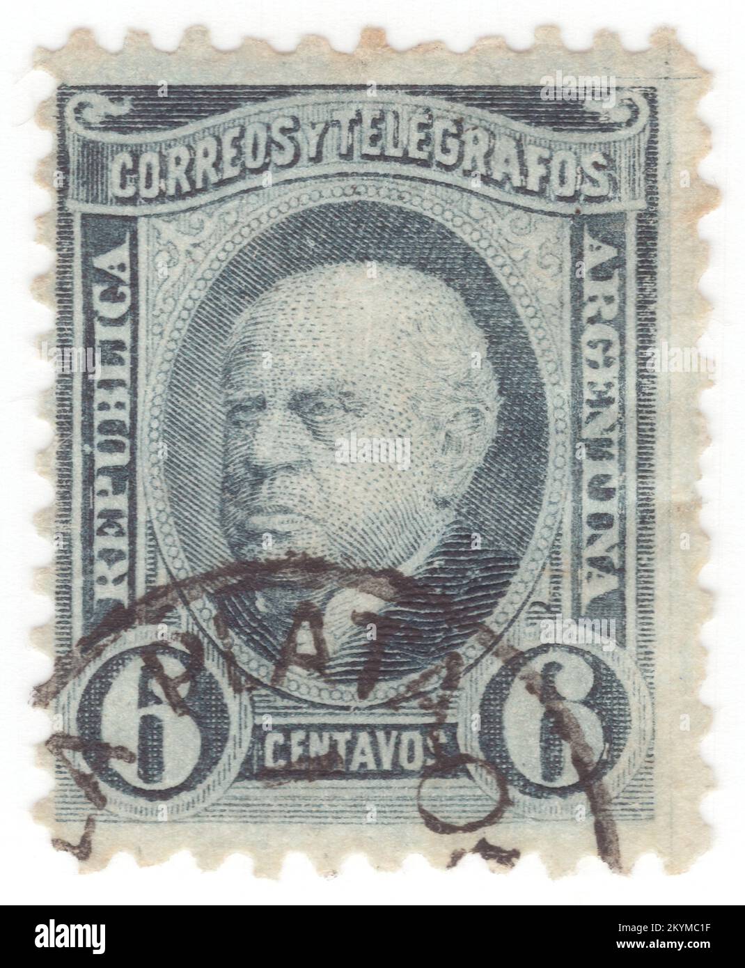 ARGENTINA - 1888: 6 centavos blue-black postage stamp depicting portrait of Sarmiento. Domingo Faustino Sarmiento was an Argentine activist, intellectual, writer, statesman and the second President of Argentina. His writing spanned a wide range of genres and topics, from journalism to autobiography, to political philosophy and history. He was a member of a group of intellectuals, known as the Generation of 1837, who had a great influence on 19th-century Argentina. He was particularly concerned with educational issues and was also an important influence on the region's literature Stock Photo