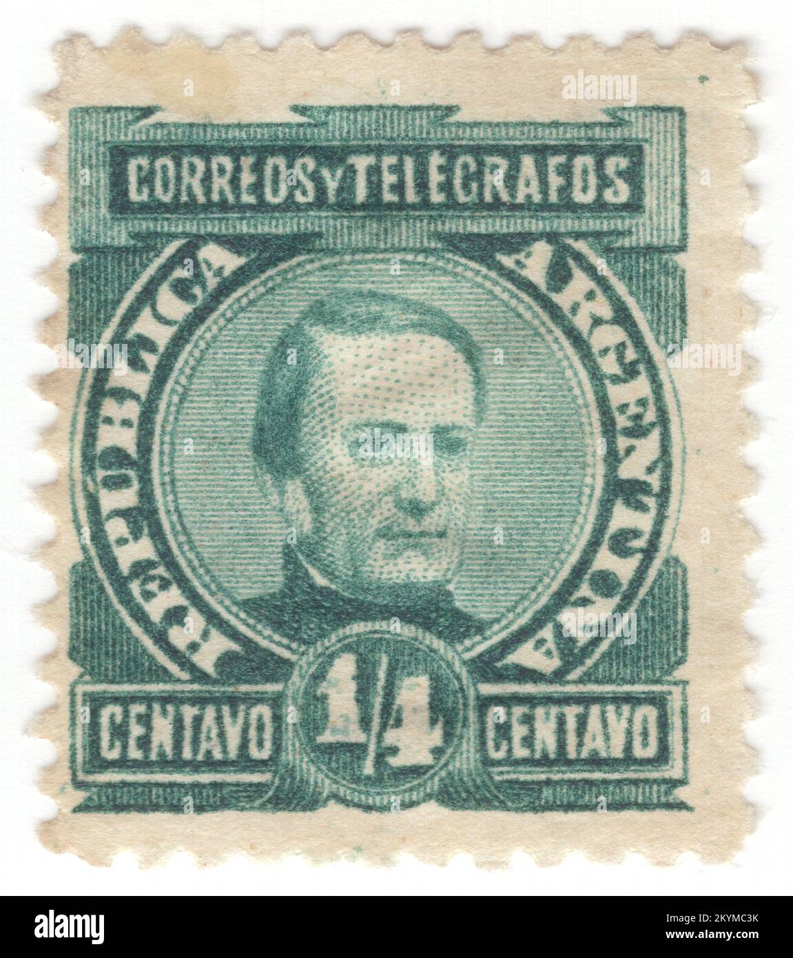 ARGENTINA - 1890: ¼ centavos green postage stamp depicting portrait of Brigadier General Jose Maria Paz y Haedo. He was an Argentine military figure, notable in the Argentine War of Independence and the Argentine Civil Wars. In his Memorias, Paz tells about his astonishment to see farm owners fighting and declaring war against the central government, and the population supporting them. Unlike Buenos Aires Province, influenced by ideals from the French Revolution, in the inner provinces persisted a colonial structure, though based on caudillos Stock Photo