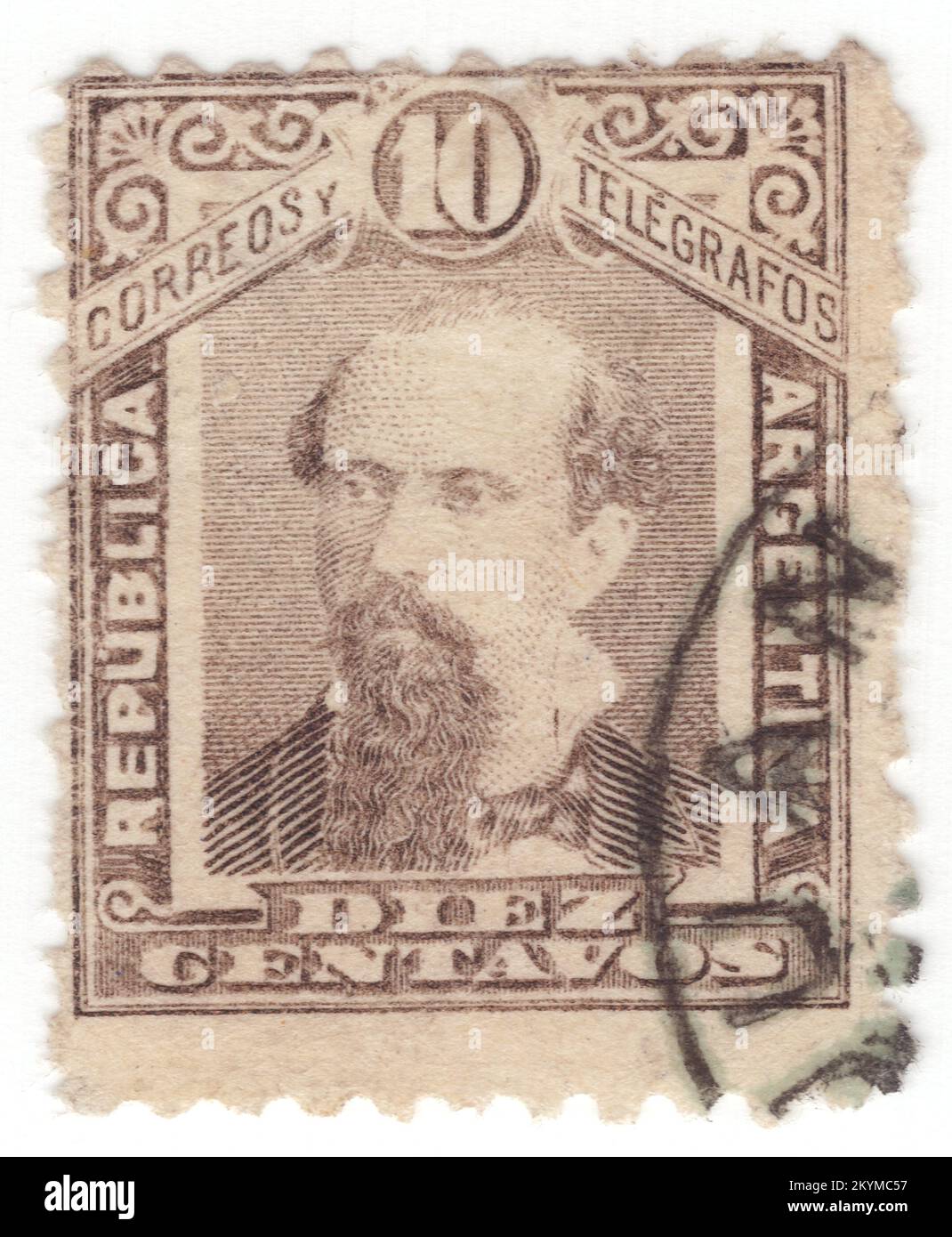 ARGENTINA - 1890: 10 centavos brown postage stamp depicting portrait of Nicolas Remigio Aurelio Avellaneda Silva. He was an Argentine politician and journalist, and President of Argentina from 1874 to 1880. Avellaneda's main projects while in office were banking and education reform, leading to Argentina's economic growth. The most important events of his government were the Conquest of the Desert and the transformation of the Buenos Aires into a federal district. His grandson was Jose Domingo Molina Gomez, who took presidency when Juan Peron was captured Stock Photo