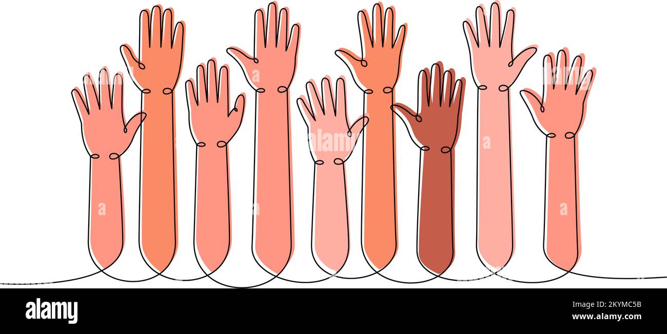 Hands raised up one line colored continuous drawing. Teamwork ...