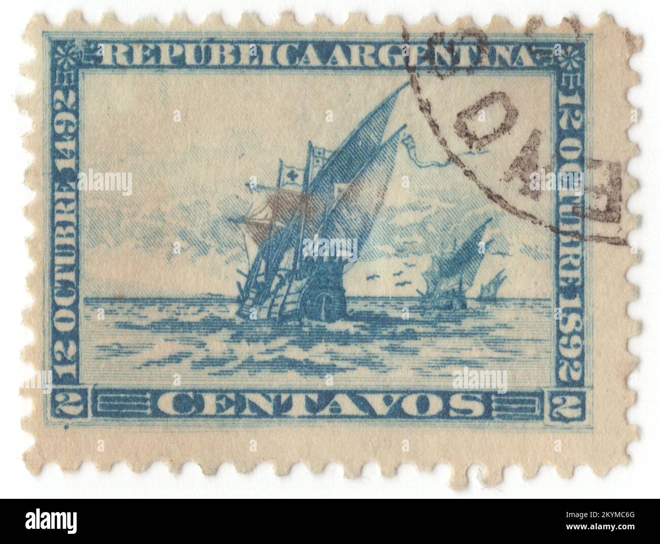 ARGENTINA - 1892 October 12: 2 centavos light blue postage stamp depicting Christopher Columbus fleet — 'Santa Maria', 'Nina' and 'Pinta'. Discovery of America, 400th anniversary. Spain sponsored a major exploration led by Italian explorer Christopher Columbus in 1492; it quickly led to extensive European colonization of the Americas Stock Photo