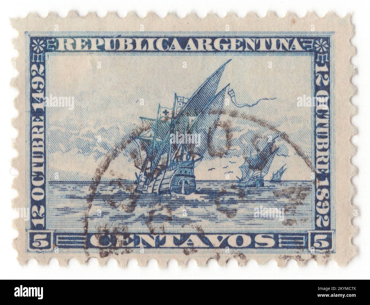 ARGENTINA - 1892 October 12: 5 centavos dark blue postage stamp depicting Christopher Columbus fleet — "Santa Maria", "Nina" and "Pinta". Discovery of America, 400th anniversary. Spain sponsored a major exploration led by Italian explorer Christopher Columbus in 1492; it quickly led to extensive European colonization of the Americas Stock Photo