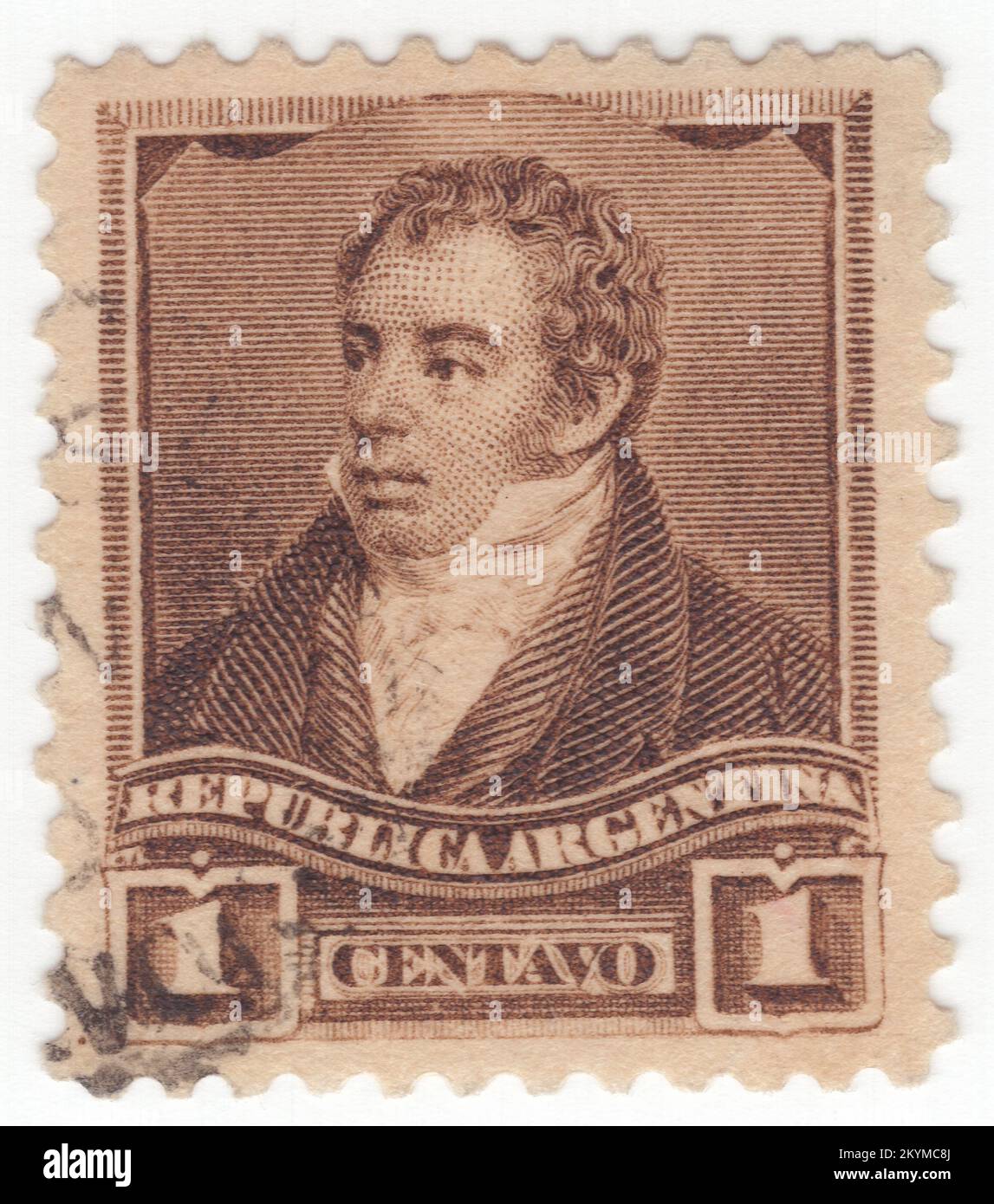 ARGENTINA - 1892: 1 centavo brown postage stamp depicting portrait of Bernardino de la Trinidad Gonzalez Rivadavia, first President of Argentina, then called the United Provinces of the Río de la Plata, from February 8, 1826 to June 27, 1827. He was educated at the Royal College of San Carlos, but left without finishing his studies. During the British Invasions he served as Third Lieutenant of the Galicia Volunteers. He participated in the open Cabildo on May 22, 1810 voting for the deposition of the viceroy. He had a strong influence on the First Triumvirate Stock Photo
