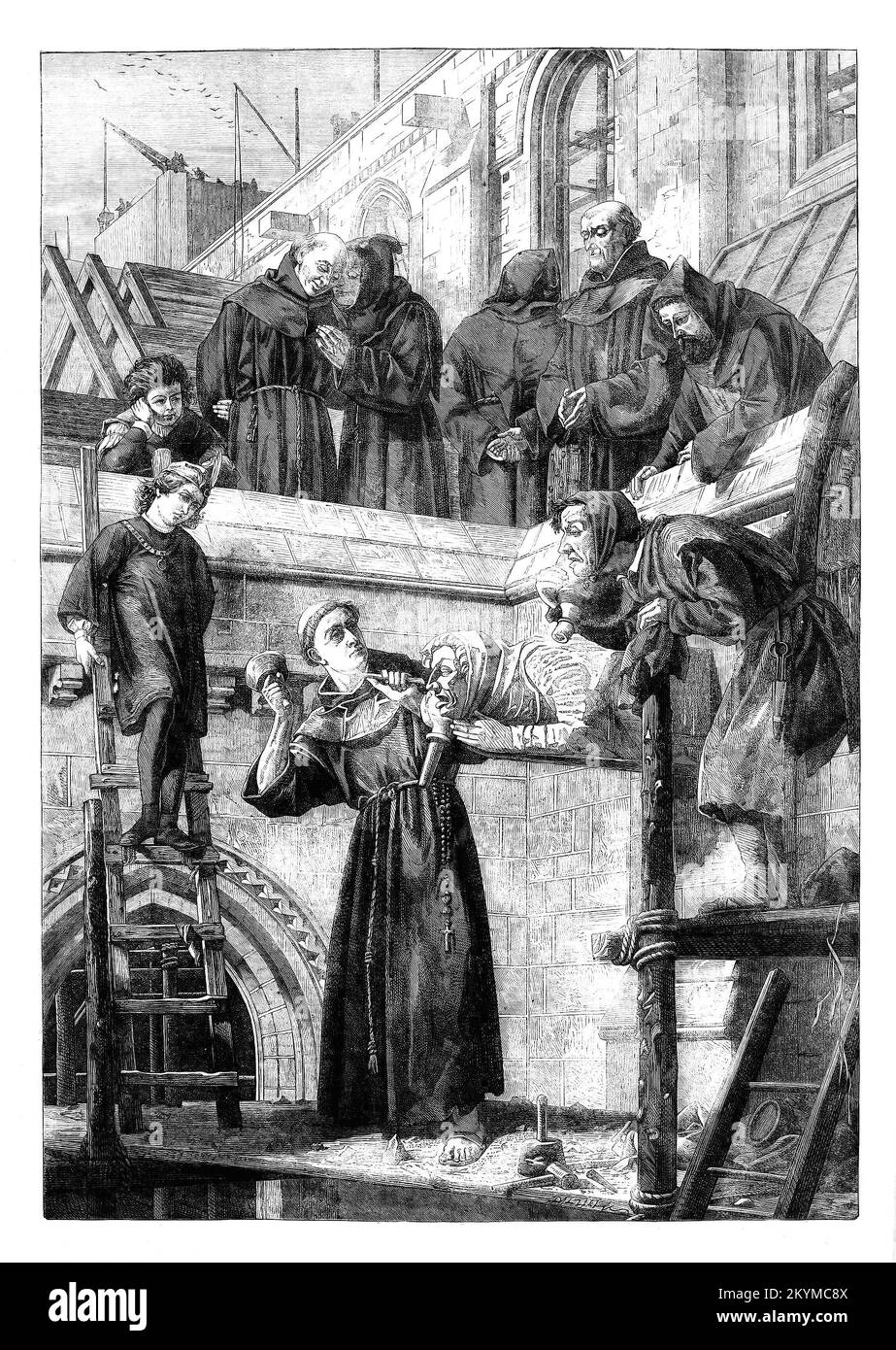 From a painting called the 'Franciscan Sculptor' by  Henry Stacy Marks (1829-1898), a British artist who took a particular interest in Shakespearean and medieval themes in his early career. Stock Photo