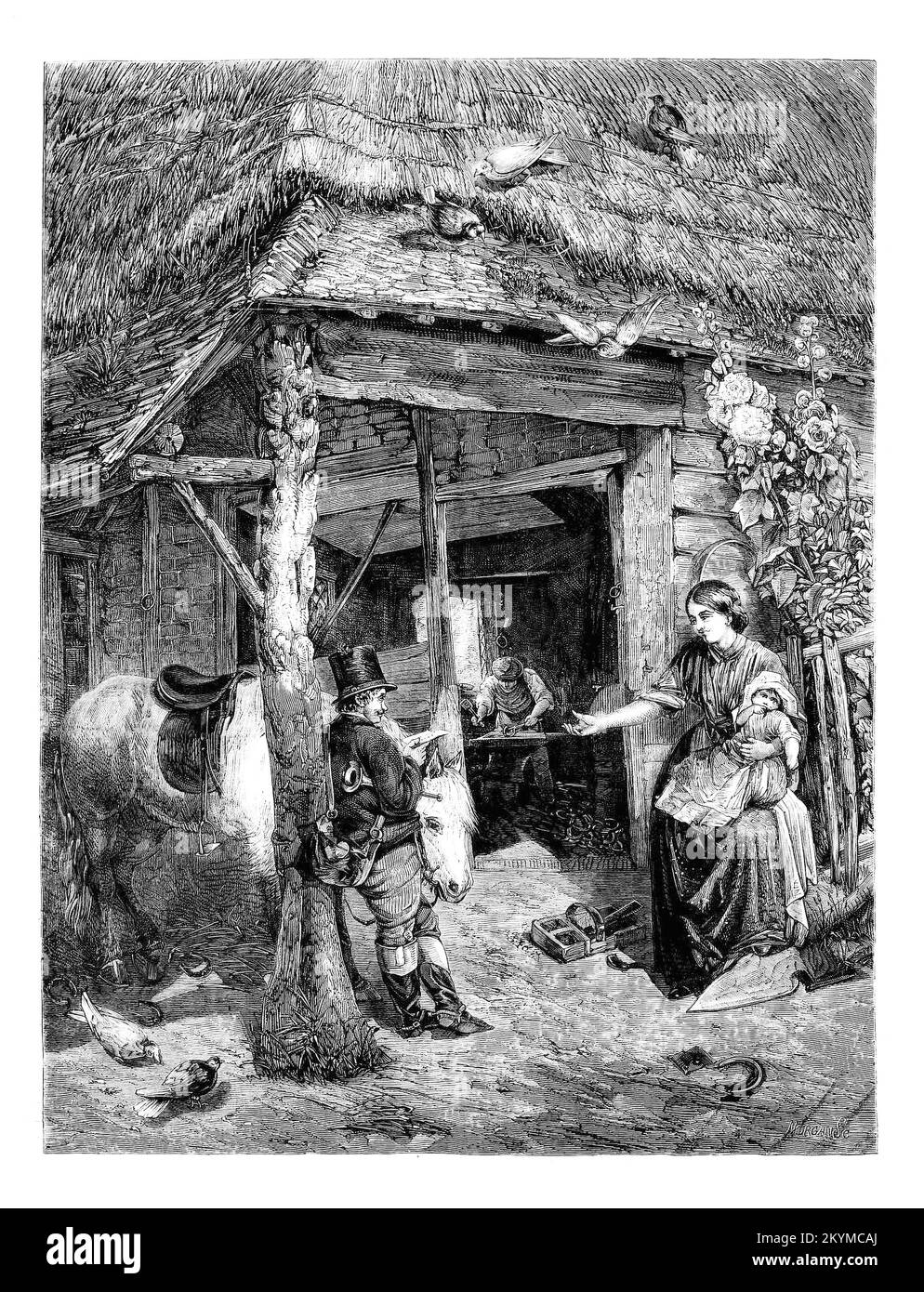 'The village smithy' by Lewis. The earliest smiths fashioned armour and weapons for squiresor found permanent work in the castles of the nobility, forging grilles, stout hinges and locks. In time their work expanded to serve the needs of a largely agricultural society, and the first workshops appeared in most villages – usually sited strategically in the centre of a village at a crossroads. It became  the hub of the village, horses were shod, craftmen’s tools, farm implement and domestic necessities were manufactured and mended.  It was also a popular place to get warm and exchange gossip. Stock Photo