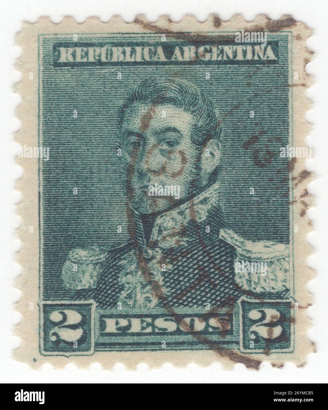 ARGENTINA - 1892: 2 pesos dark green postage stamp depicting portrait of José de San Martín (Jose Francisco de San Martín y Matorras), known as the Liberator of Argentina, Chile and Peru. Argentine general and the primary leader of the southern and central parts of South America's successful struggle for independence from the Spanish Empire who served as the Protector of Peru. Born in Yapeyú, Corrientes, in modern-day Argentina, he left the Viceroyalty of the Río de la Plata at the early age of seven to study in Málaga, Spain Stock Photo