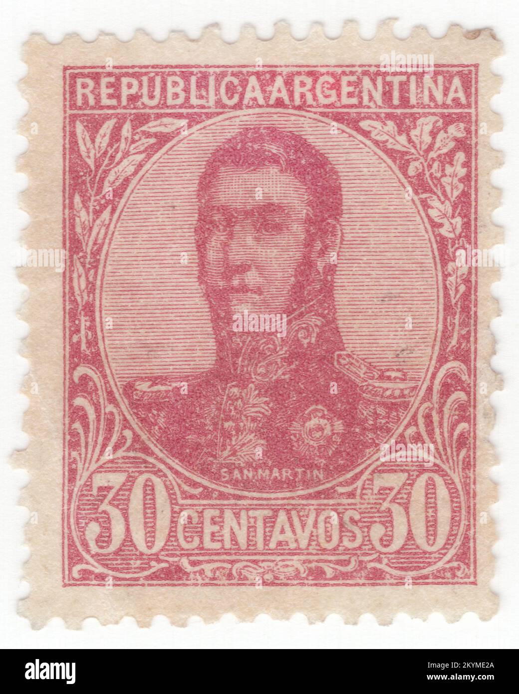 ARGENTINA - 1908: 30 centavos dull rose postage stamp depicting portrait of José de San Martín (Jose Francisco de San Martín y Matorras), known as the Liberator of Argentina, Chile and Peru. Argentine general and the primary leader of the southern and central parts of South America's successful struggle for independence from the Spanish Empire who served as the Protector of Peru. Born in Yapeyú, Corrientes, in modern-day Argentina, he left the Viceroyalty of the Río de la Plata at the early age of seven to study in Málaga, Spain Stock Photo