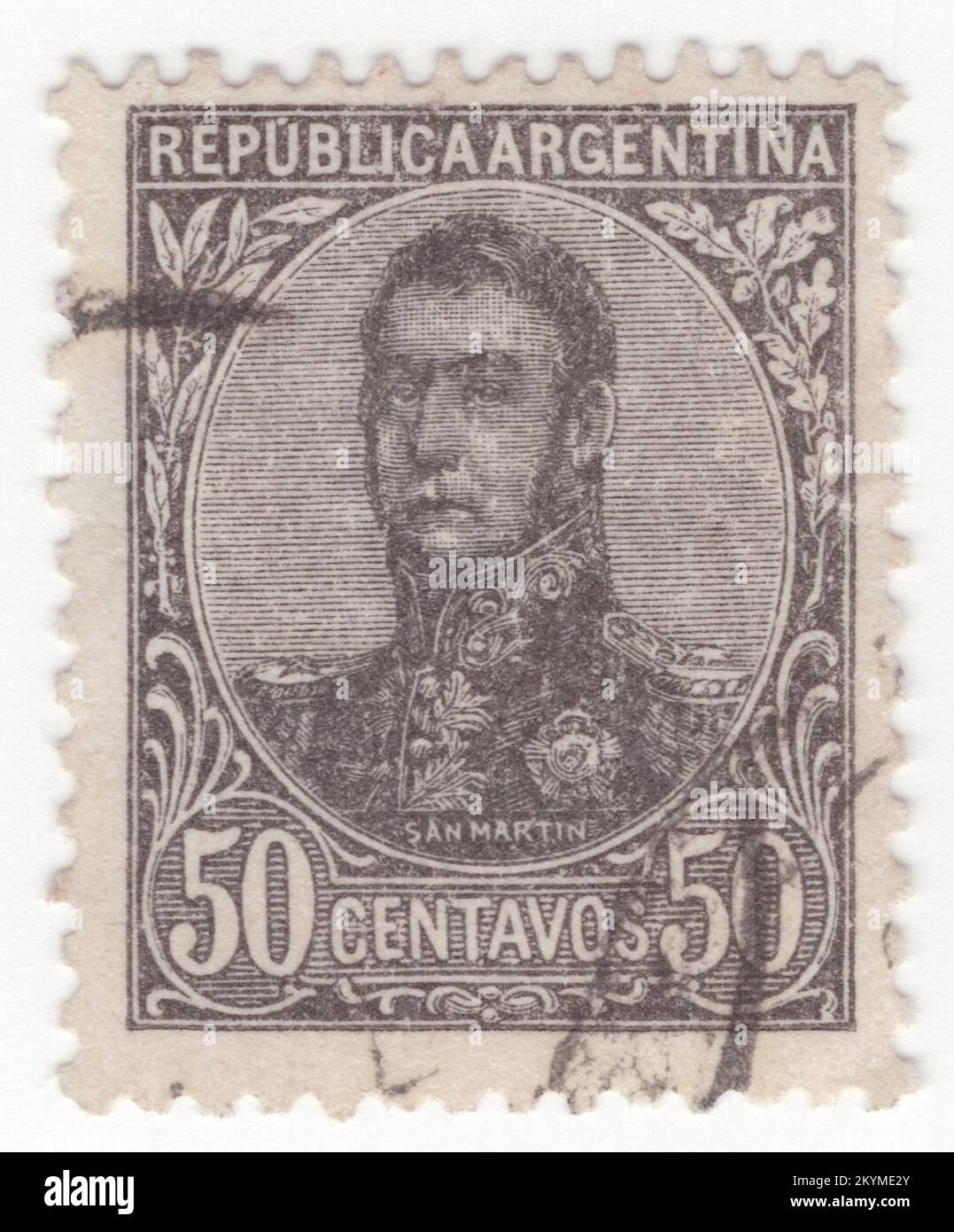 ARGENTINA - 1908: 50 centavos black postage stamp depicting portrait of José de San Martín (Jose Francisco de San Martín y Matorras), known as the Liberator of Argentina, Chile and Peru. Argentine general and the primary leader of the southern and central parts of South America's successful struggle for independence from the Spanish Empire who served as the Protector of Peru. Born in Yapeyú, Corrientes, in modern-day Argentina, he left the Viceroyalty of the Río de la Plata at the early age of seven to study in Málaga, Spain Stock Photo