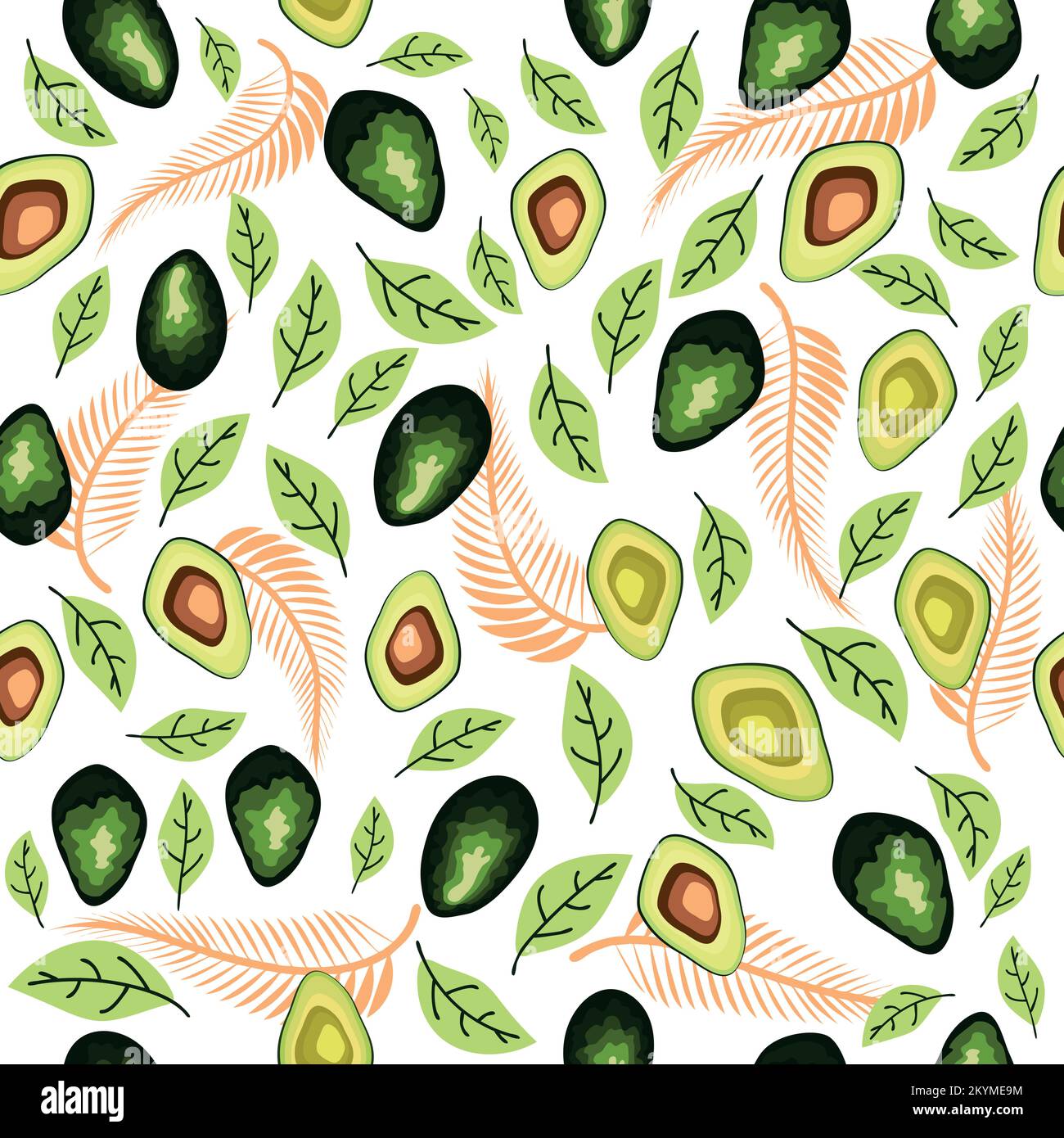 Avocado seamless pattern. Whole and sliced avocado with leaves and ...
