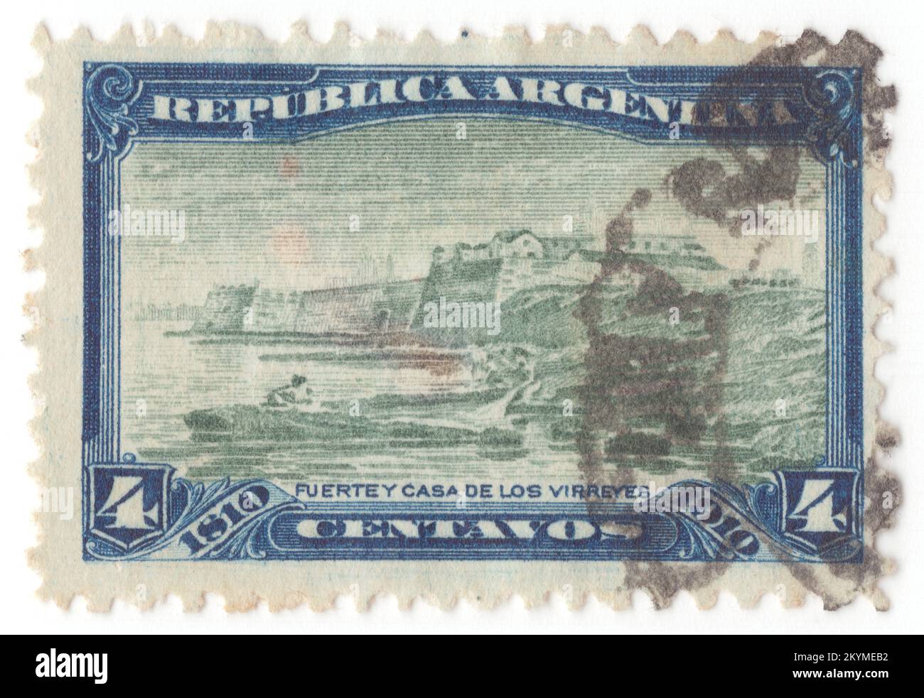 ARGENTINA - 1910 1 May: 4 centavos dark blue and green postage stamp depicting Viceroy’s house and Fort Buenos Aires. Centenary of the republic. Inscribed “1810 1910”. The May Revolution ousted the viceroy. Other forms of government, such as a constitutional monarchy or a Regency were briefly considered. The viceroyalty was also renamed, and it nominally became the United Provinces of the Río de la Plata. However, the status of the different territories that had belonged to the viceroyalty changed many times during the course of the war Stock Photo