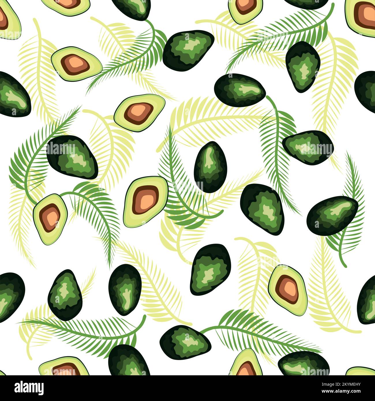 Avocado seamless pattern. Whole and sliced avocado with leaves and ...