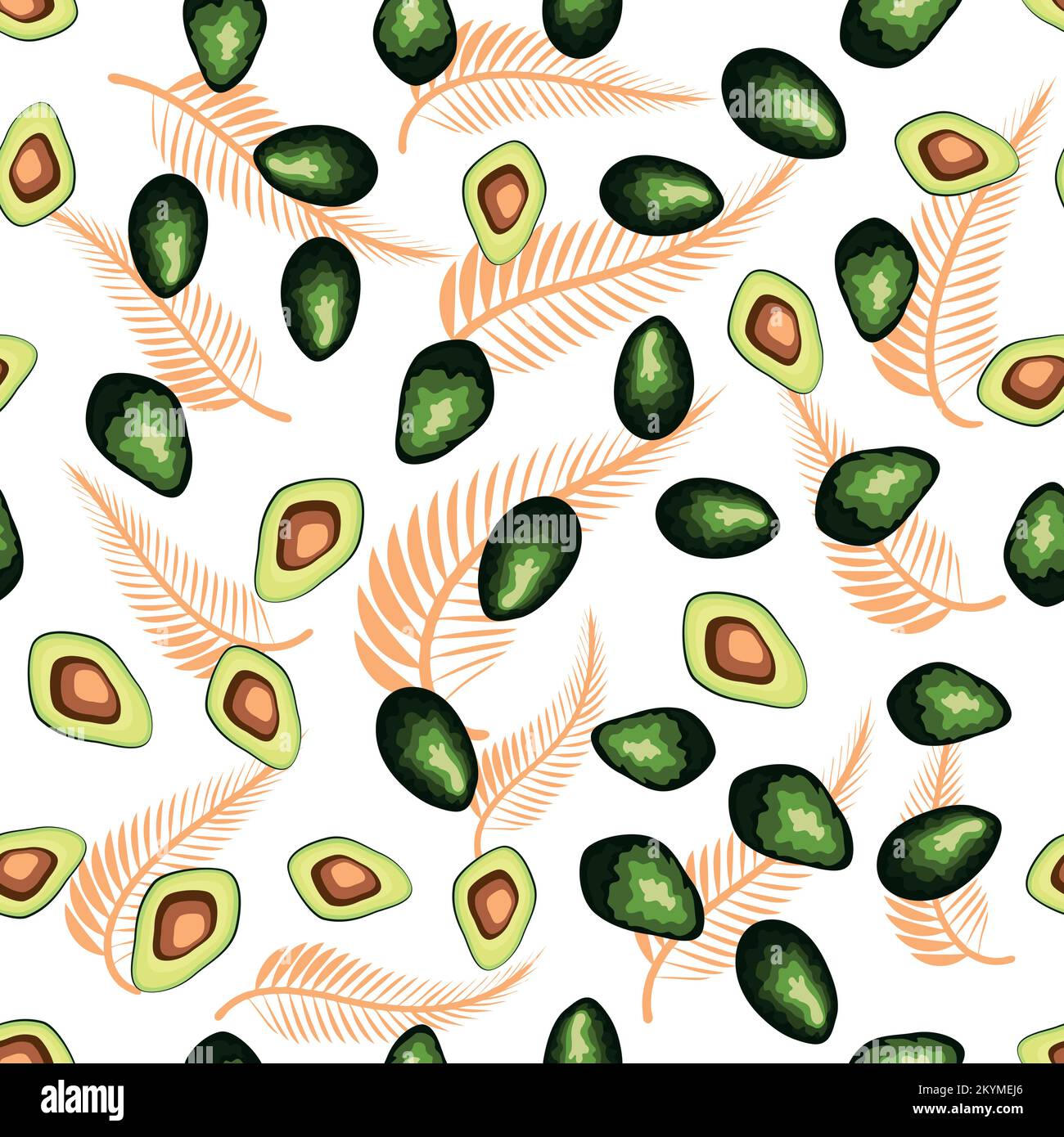 Avocado seamless pattern. Whole and sliced avocado with leaves and ...