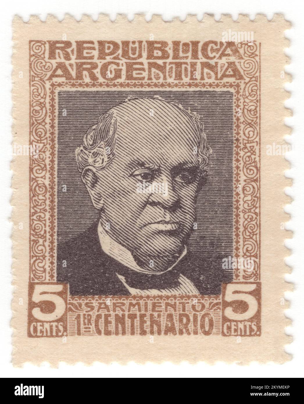 ARGENTINA - 1911: 5 centavos grey-brown and black postage stamp depicting portrait of Sarmiento. Domingo Faustino Sarmiento was an Argentine activist, intellectual, writer, statesman and the second President of Argentina. His writing spanned a wide range of genres and topics, from journalism to autobiography, to political philosophy and history. He was a member of a group of intellectuals, known as the Generation of 1837, who had a great influence on 19th-century Argentina. He was particularly concerned with educational issues and was also an important influence on the region's literature Stock Photo