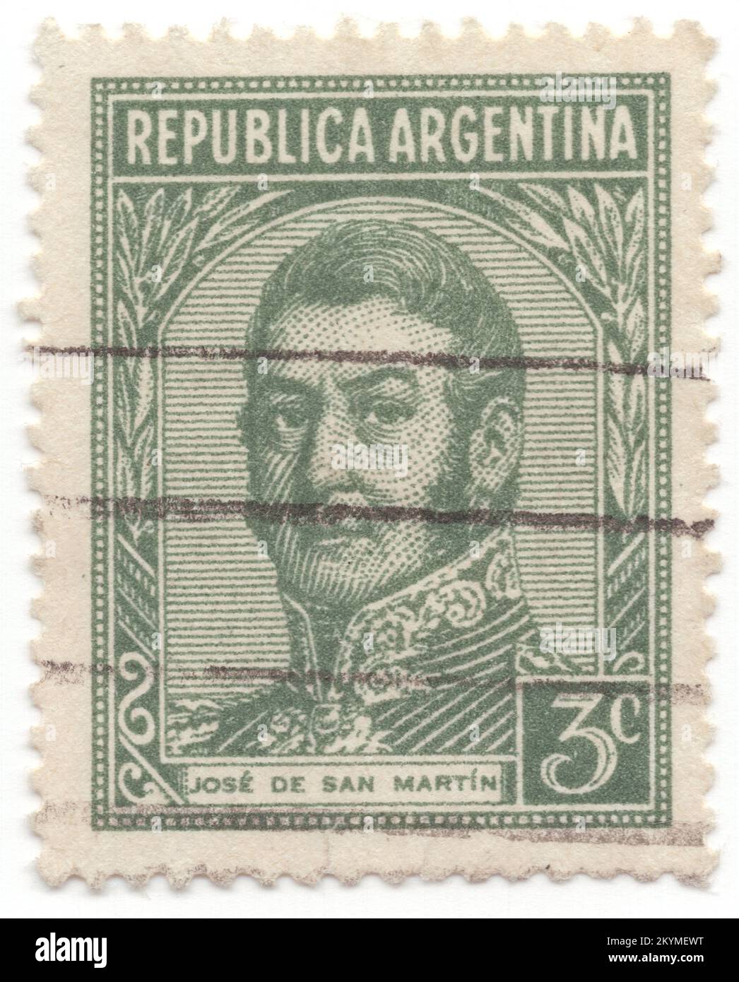 ARGENTINA - 1935: 3 centavos green postage stamp depicting portrait of José de San Martín (Jose Francisco de San Martín y Matorras), known as the Liberator of Argentina, Chile and Peru. Argentine general and the primary leader of the southern and central parts of South America's successful struggle for independence from the Spanish Empire who served as the Protector of Peru. Born in Yapeyú, Corrientes, in modern-day Argentina, he left the Viceroyalty of the Río de la Plata at the early age of seven to study in Málaga, Spain Stock Photo