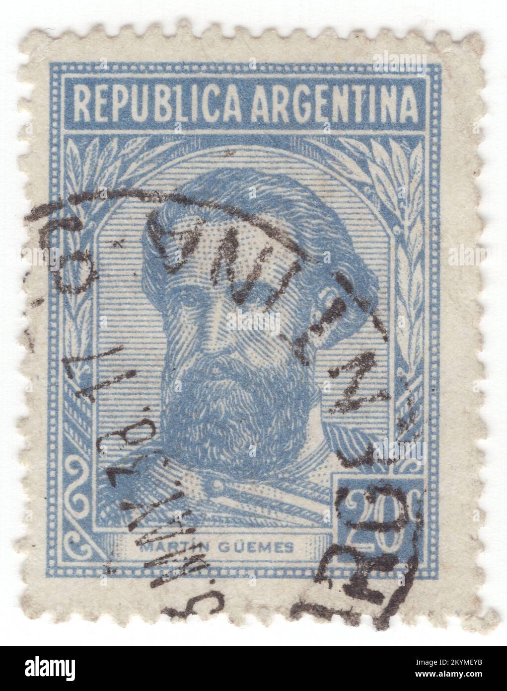 ARGENTINA - 1935: 20 centavos light ultramarine postage stamp depicting portrait of Martin Guemes. Martin Miguel de Guemes was a military leader and popular caudillo who defended northwestern Argentina from the Spanish royalist army during the Argentine War of Independence. Güemes organized the resistance against the royalists (forces loyal to Spain) employing local gauchos trained in guerrilla tactics. He was appointed Governor of Salta Province and in November of that year, General José Rondeau, appointed leader of the Peru campaign to replace José de San Martín Stock Photo