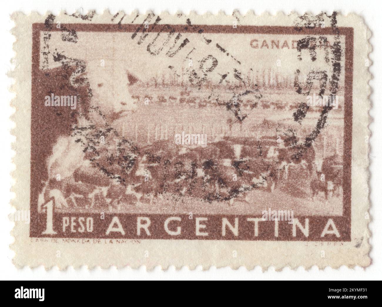 ARGENTINA - 1958: 1 peso brown postage stamp depicting Cattle ranch (Ganaderia). In Argentina and Uruguay, ranches are known as estancias. A ranch is an area of land, including various structures, given primarily to ranching, the practice of raising grazing livestock such as cattle and sheep. It is a subtype of a farm. These terms are most often applied to livestock-raising operations in Mexico, the Western United States and Western Canada, though there are ranches in other areas. People who own or operate a ranch are called ranchers, cattlemen, or stockgrowers Stock Photo