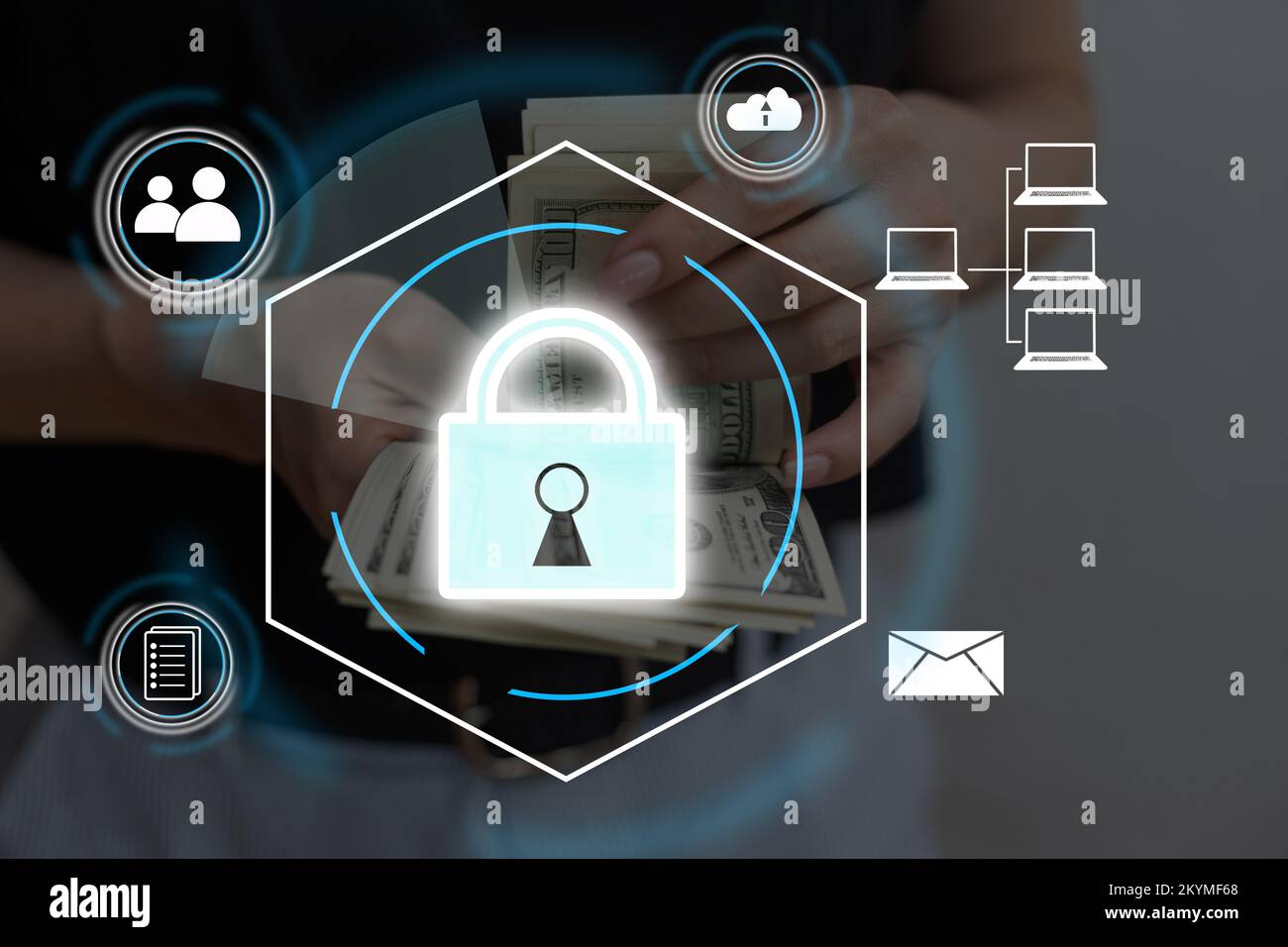 Digital padlock icon, cyber security network and data protection technology on virtual interface screen. Online internet authorized access against Stock Photo
