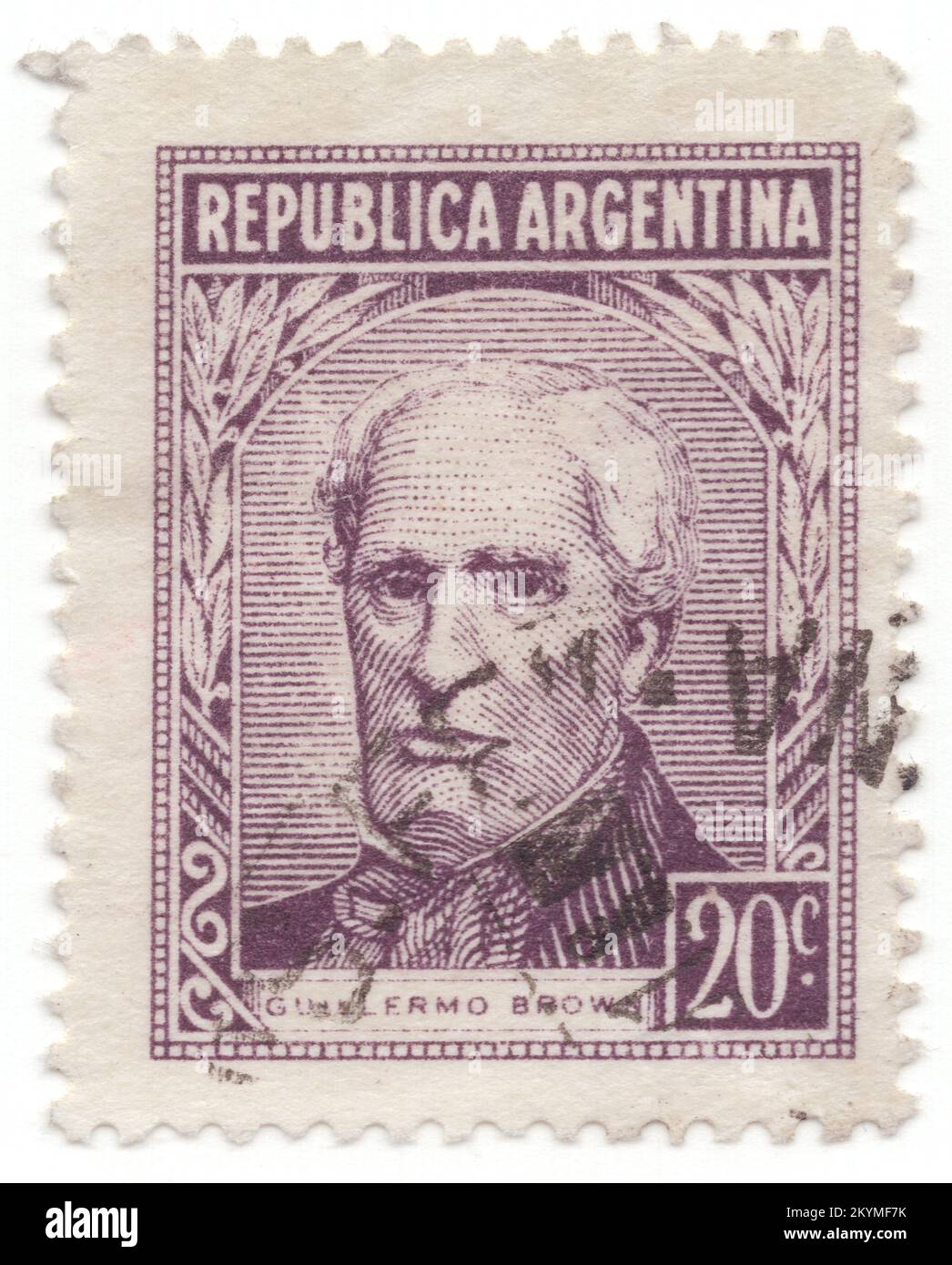 ARGENTINA - 1956: 20 centavos dull purple postage stamp depicting portrait of Admiral Brown. William Brown (also known in Spanish as Guillermo Brown or Almirante Brown) was an Irish-born Argentine admiral. Brown's successes in the Argentine War of Independence, the Cisplatine War and the Anglo-French blockade of the Río de la Plata earned the respect and appreciation of the Argentine people, and he is regarded as one of Argentina's national heroes. Creator and first admiral of the country's maritime forces, he is commonly known as the 'father of the Argentine Navy' Stock Photo