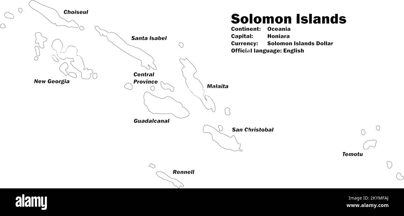 Vector Map of the Oceanic state of Solomon Islands in Oceana transparent background, named labels on own layer to turn off easily and outlined white Stock Vector