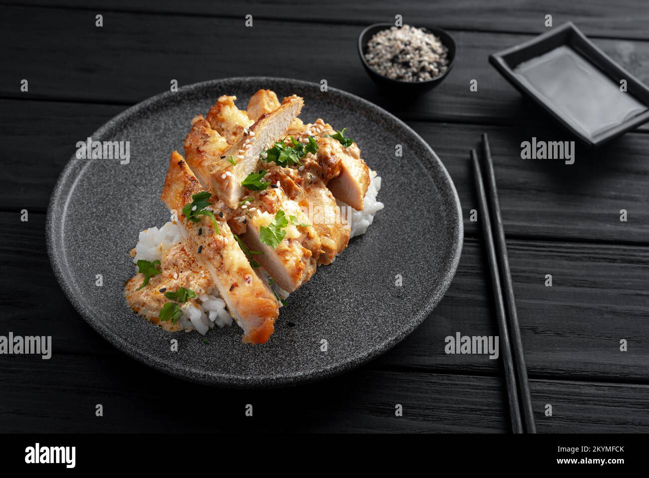 Asian cuisine dish with rice and chicken. Nasi Hainan or Hainan chicken