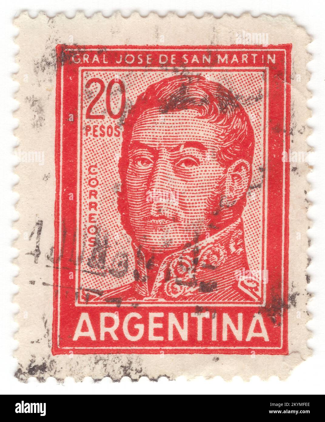 ARGENTINA - 1967: 20 pesos red postage stamp depicting portrait of José de San Martín (Jose Francisco de San Martín y Matorras), known as the Liberator of Argentina, Chile and Peru. Argentine general and the primary leader of the southern and central parts of South America's successful struggle for independence from the Spanish Empire who served as the Protector of Peru. Born in Yapeyú, Corrientes, in modern-day Argentina, he left the Viceroyalty of the Río de la Plata at the early age of seven to study in Málaga, Spain Stock Photo
