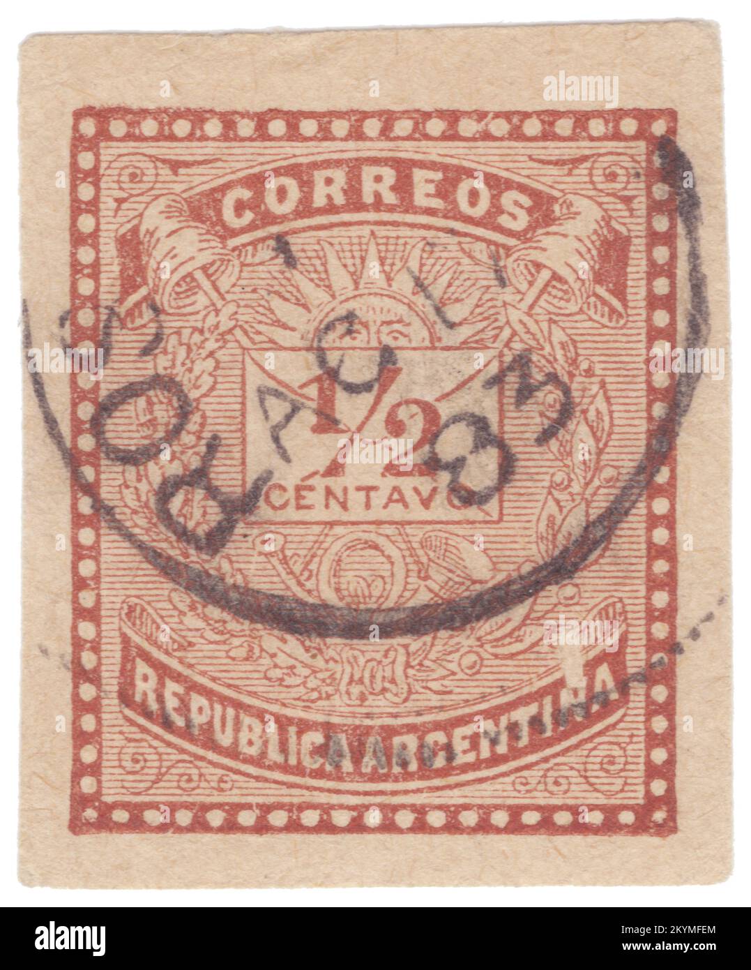 ARGENTINA - 1883: An fragment of original envelope with pre-printed ½ centavos red brown postage stamp depicting allegory composition with Sunrise Face, Jacobean caps, postal envelope, postal horns and laurel branches. Argentina, officially the Argentine Republic, is a country in the southern half of South America. It shares the bulk of the Southern Cone with Chile to the west, and is also bordered by Bolivia and Paraguay to the north, Brazil to the northeast, Uruguay and the South Atlantic Ocean to the east, and the Drake Passage to the south. Argentina is a federal state Stock Photo