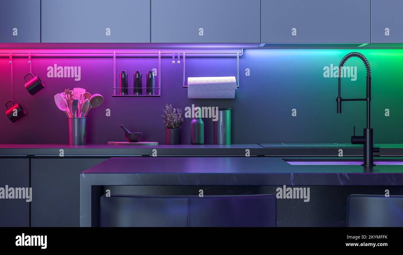 Modern Kitchen with colored led lights by night Stock Photo