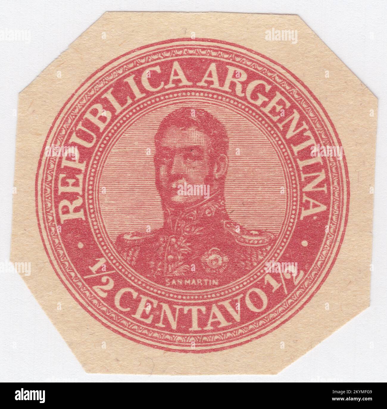 ARGENTINA - 1902: An fragment of original envelope with pre-printed ½ centavo lake postage stamp depicting portrait of José de San Martín (Jose Francisco de San Martín y Matorras), known as the Liberator of Argentina, Chile and Peru. Argentine general and the primary leader of the southern and central parts of South America's successful struggle for independence from the Spanish Empire who served as the Protector of Peru. Born in Yapeyú, Corrientes, in modern-day Argentina, he left the Viceroyalty of the Río de la Plata at the early age of seven to study in Málaga, Spain Stock Photo