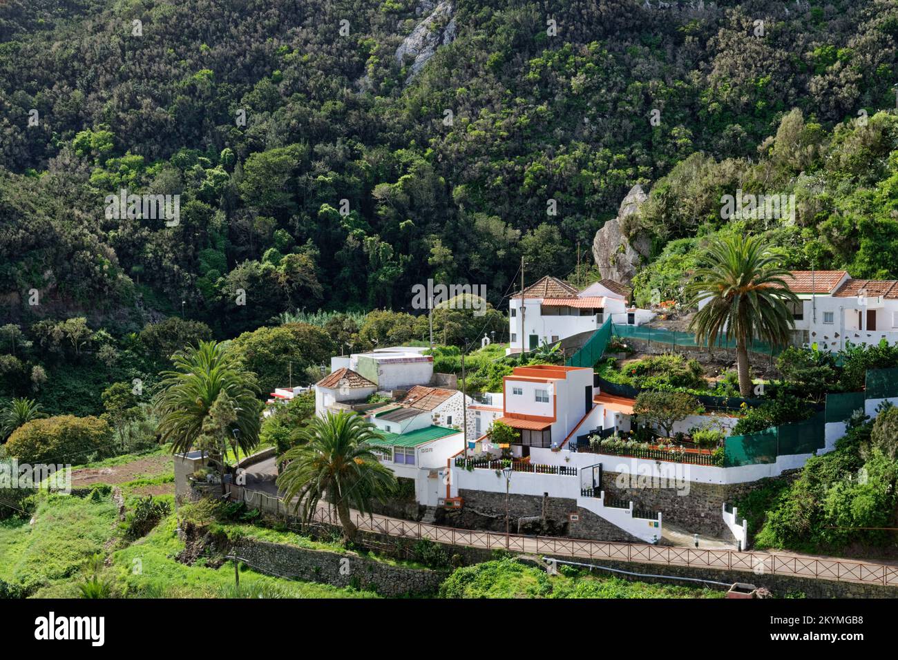 Overview of Chamorga village, Anaga mountains, Tenerife, Canary Islands, Spain, November. Stock Photo