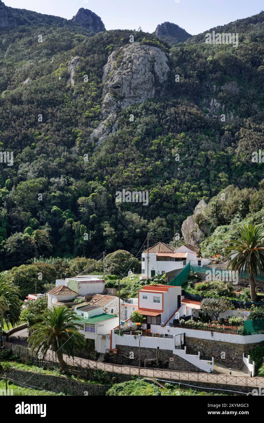 Overview of Chamorga village, Anaga mountains, Tenerife, Canary Islands, Spain, November. Stock Photo