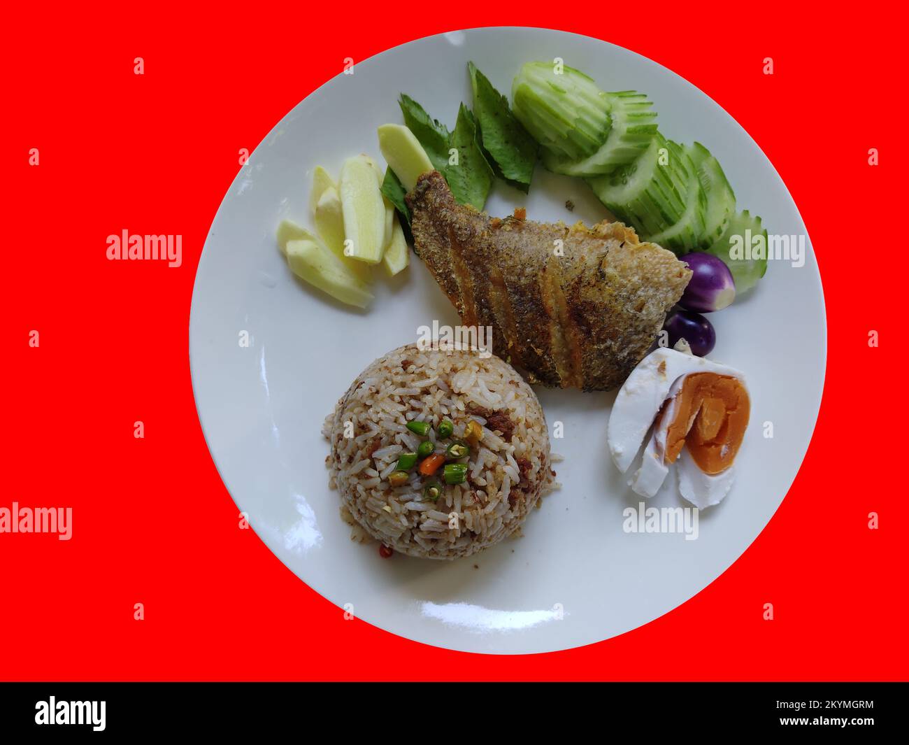 Isolated Fried Rice with gourami fish Stock Photo