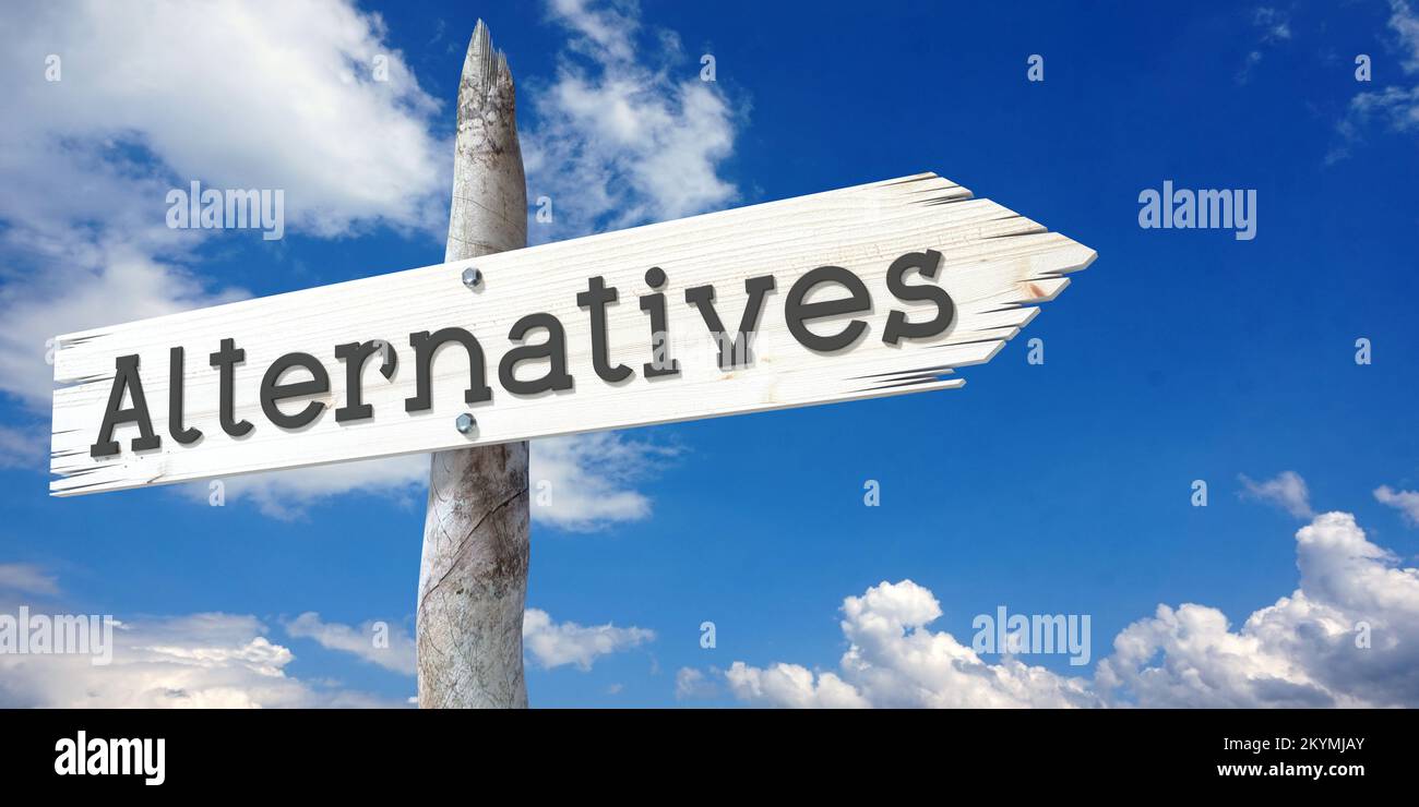 Alternatives - wooden signpost with one arrow Stock Photo