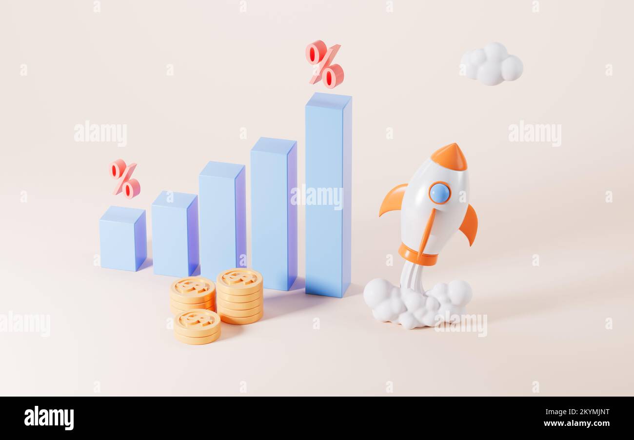 Rocket launching and rising bar graph on the yellow background, 3d ...