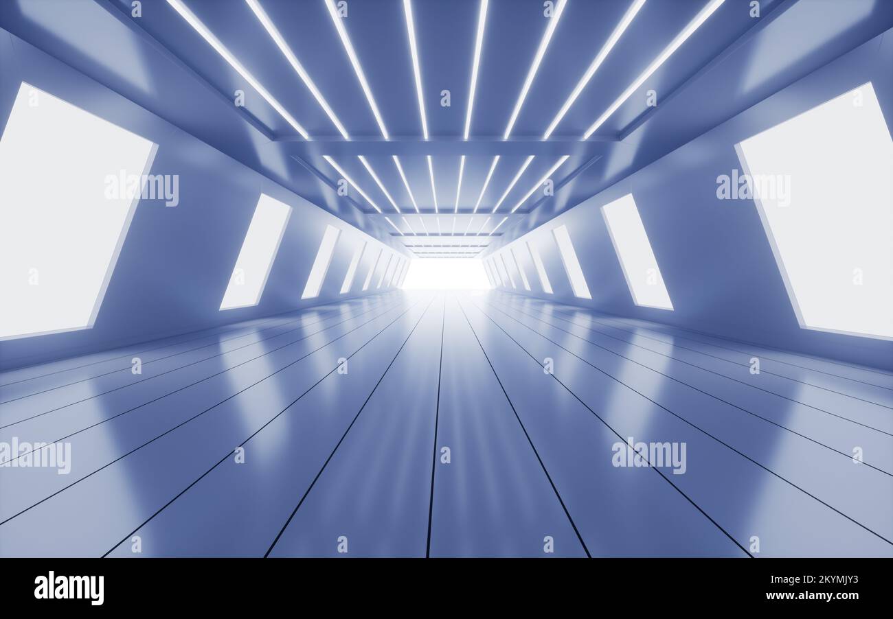 Blue abstract tunnel with neon lines, 3d rendering. Digital drawing ...
