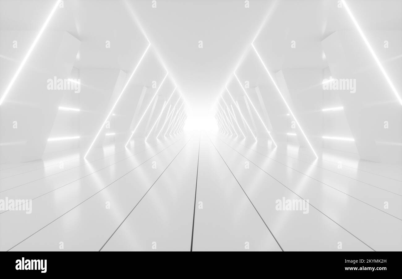 White abstract tunnel with glowing neon lines, 3d rendering. Digital ...