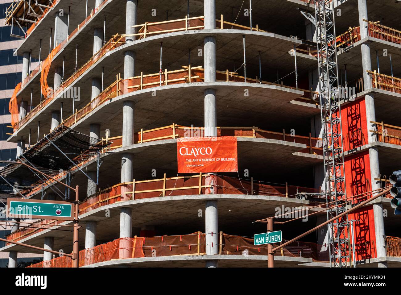 Phoenix, AZ - Nov. 12, 2022: Palm Tower, a 29-story, 300 unit residential building, under construction by Clayco. Stock Photo