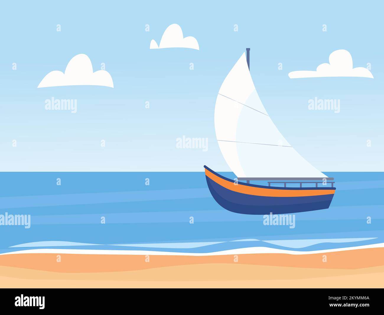 Seascape with sail boat and beach. Horizontal background. Vector illustration in flat style Stock Vector