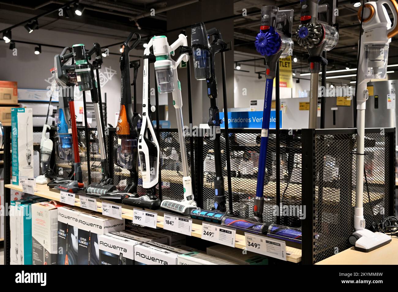 Inside department store with electrical devices vacuum cleaners for