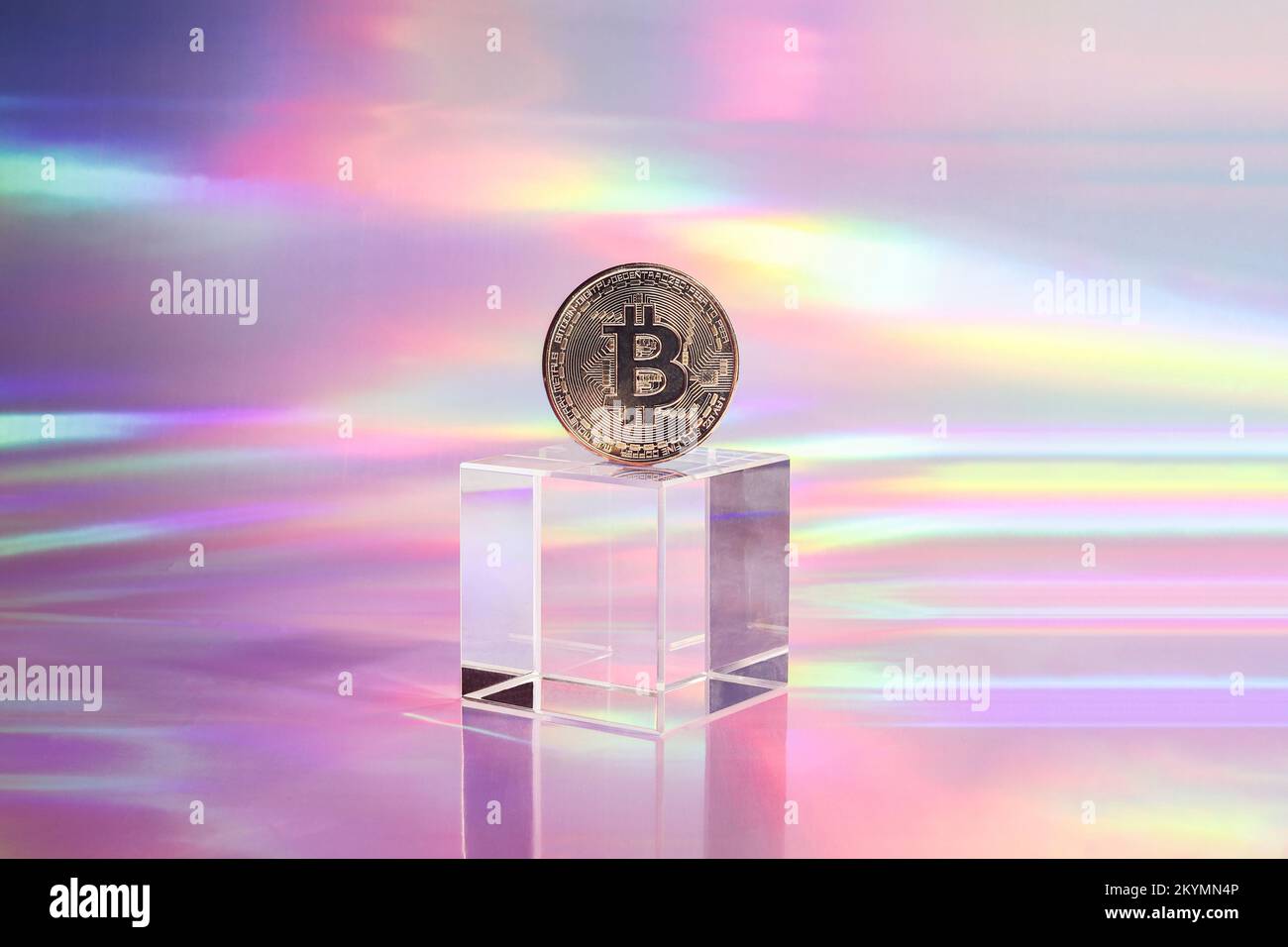 Golden bitcoin coin on podium on holographic, abstract, neon background. digital currency, business style. Mining and trade bitcoin concept. Stock Photo