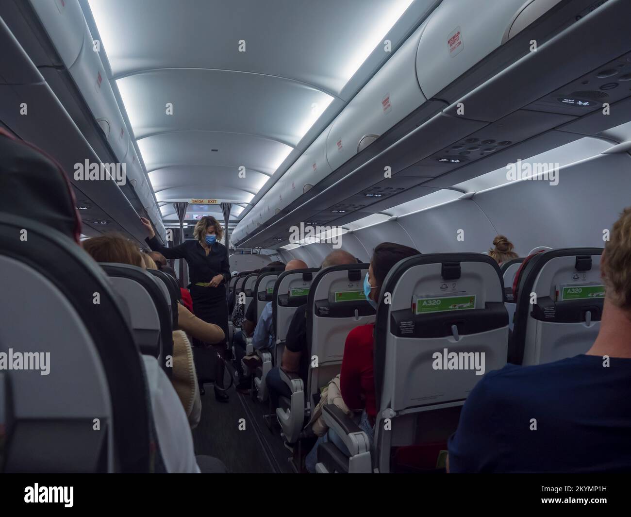 Lisbon, Portugal, October 30, 2021 Interior of commercial TAP airline