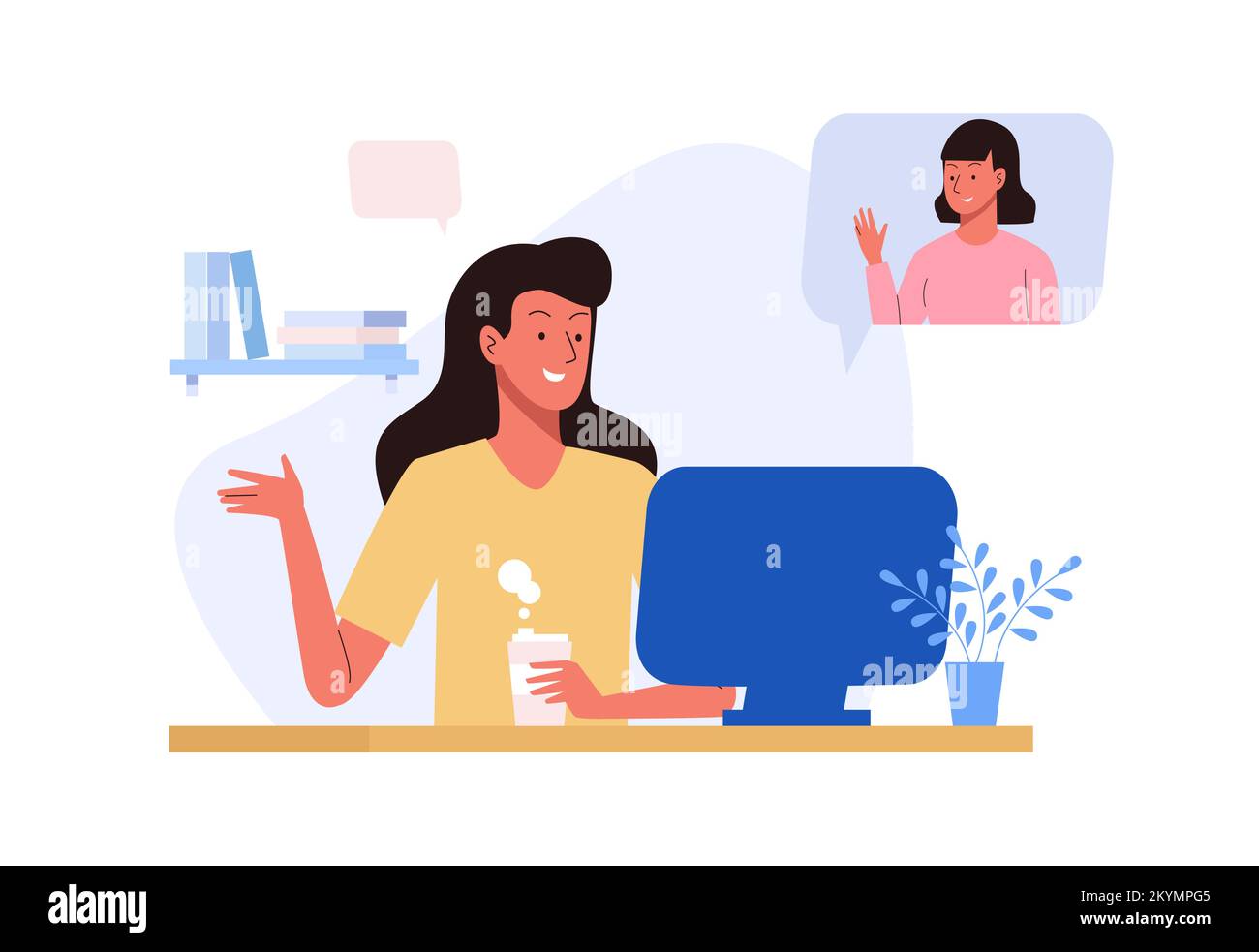 Girl friends chat online. Girl sitting in a chair in front of a laptop and  speaks with friend. Video conference, online chat concept. Working or online  meeting from home. Vector flat illustration.