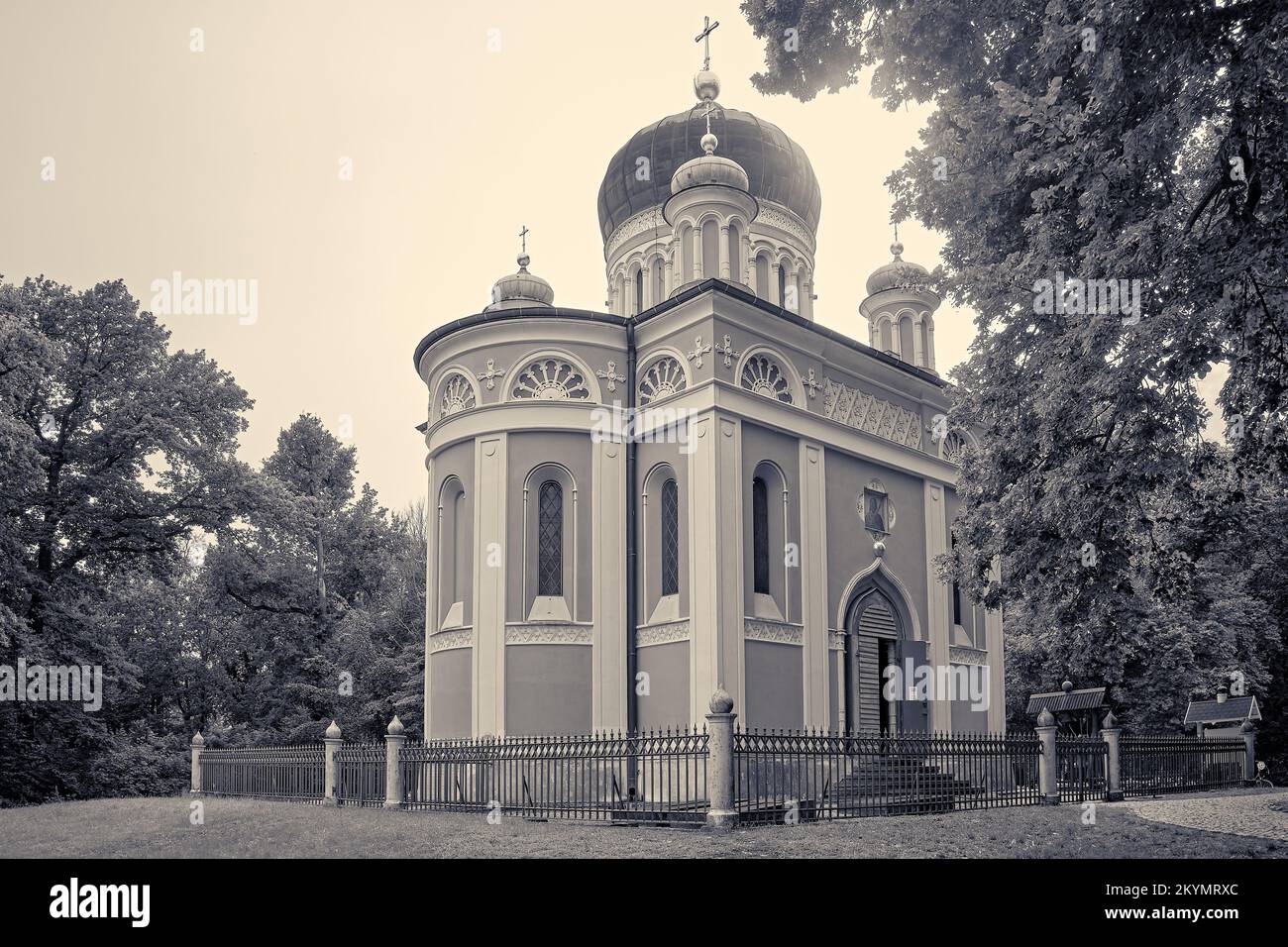 Russian Orthodox church view, Alexander Nevsky Memorial Church, on Kapellenberg hill in Potsdam, Brandenburg, Germany. Stock Photo