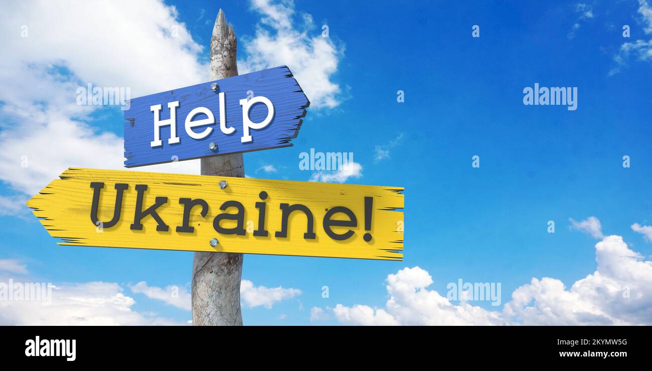 Help Ukraine wooden signpost with two arrows Stock Photo Alamy