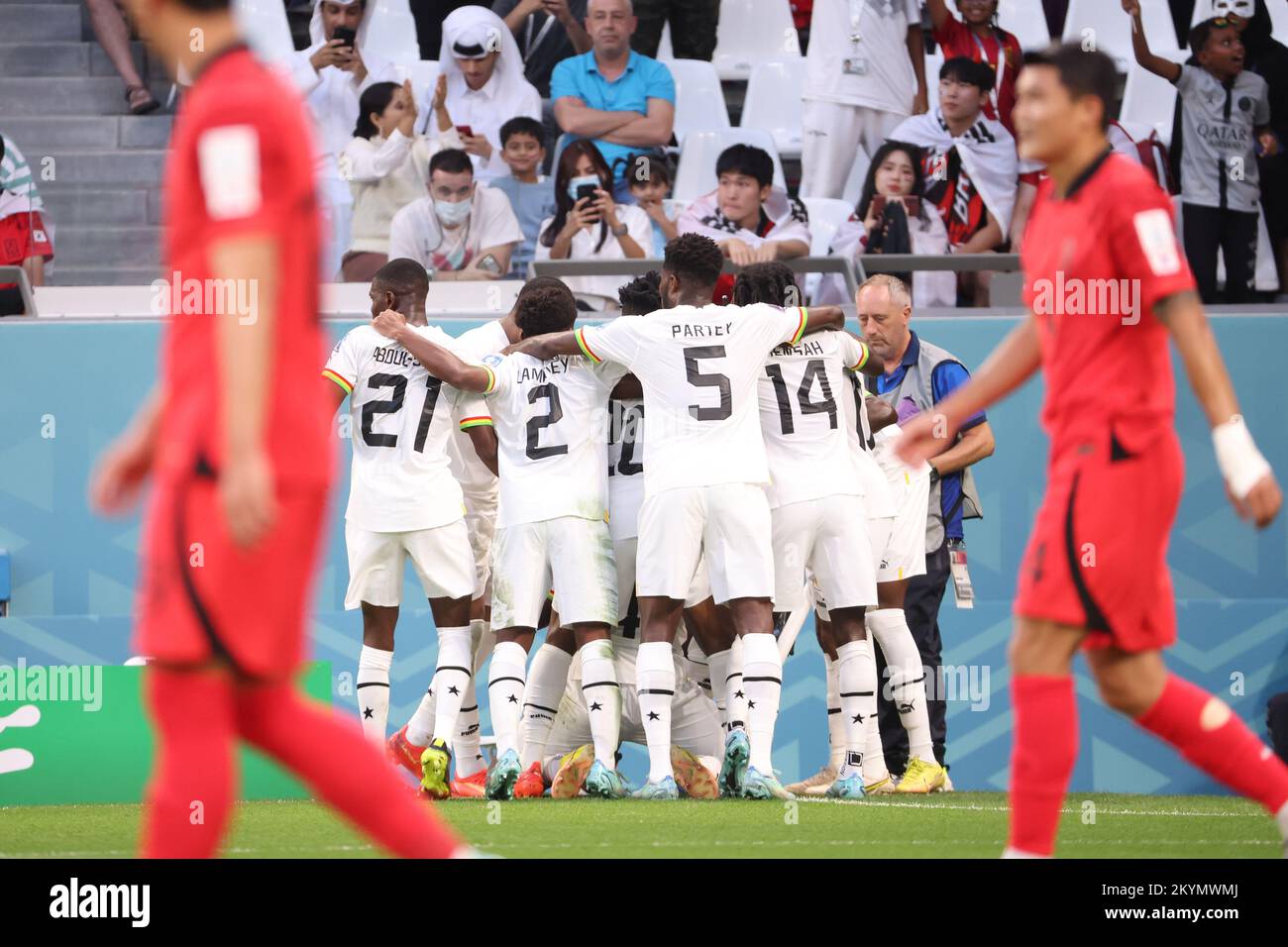 Ghana players celebrate a goal during the FIFA World Cup 2022, Group H football match between South Korea Republic and Ghana on November 28, 2022 at Education City Stadium in Doha, Qatar - Photo Jean Catuffe / DPPI Stock Photo