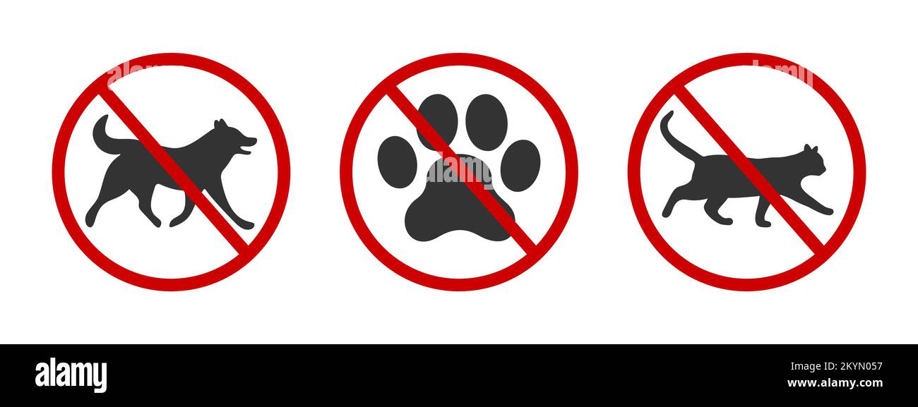 No pets allowed icons. Domestic animals walking ban zone signs. Dogs or