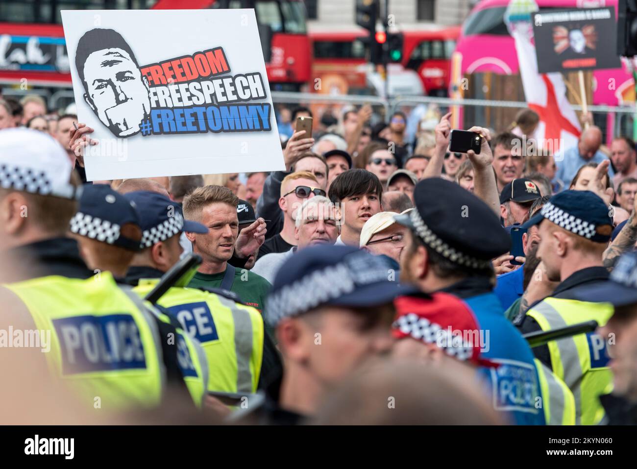 Supporters of Tommy Robinson, such as the EDL, protested in London demonstrating for his release after arrest. Police trying to block from Whitehall Stock Photo