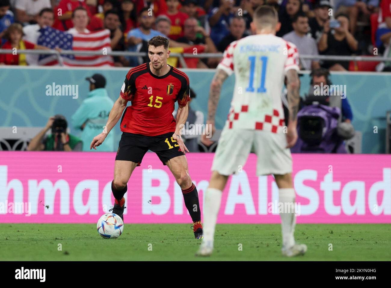 Doha, Qatar, 01/12/2022, Belgium's Thomas Meunier and Croatian Marcelo Brozovic pictured in action during a soccer game between Belgium's national team the Red Devils and Croatia, the third and last game in Group F of the FIFA 2022 World Cup in Al Rayyan, State of Qatar on Thursday 01 December 2022. BELGA PHOTO BRUNO FAHY Credit: Belga News Agency/Alamy Live News Stock Photo