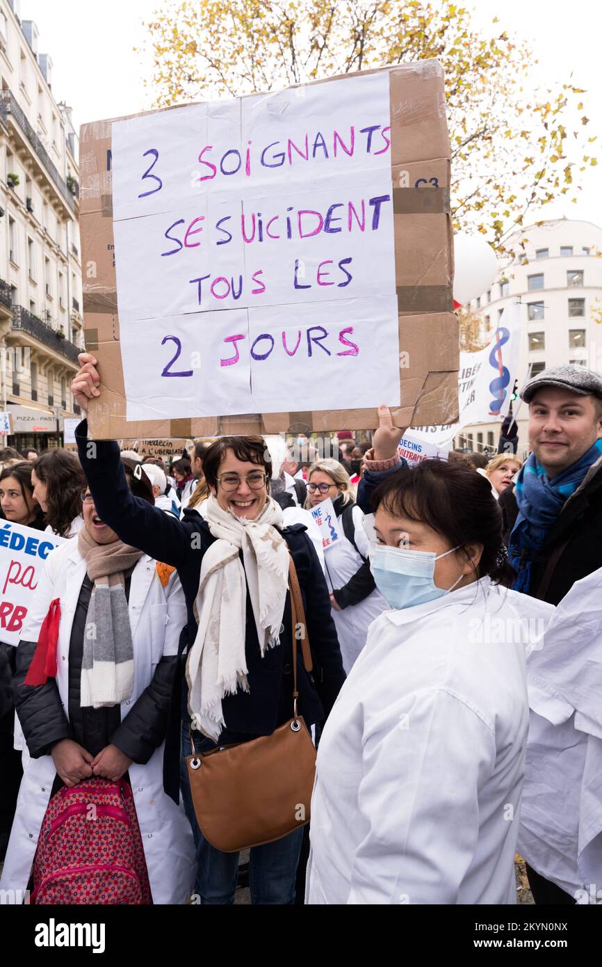 Paris, France on December 1, 2022. Doctors demonstrate next to the